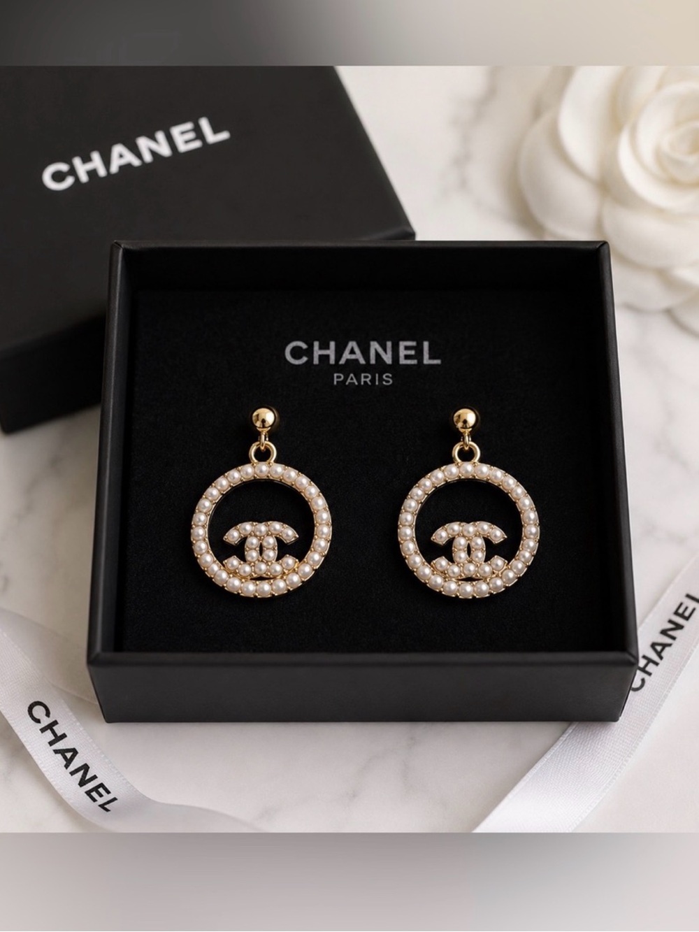 CHANEL Gold-Tone Pearl CC Circle Drop Earrings Authentic
